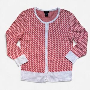 Ann Taylor Cardigan Sweater Women's S Coral Pink Orange White  Cotton Preppy‎